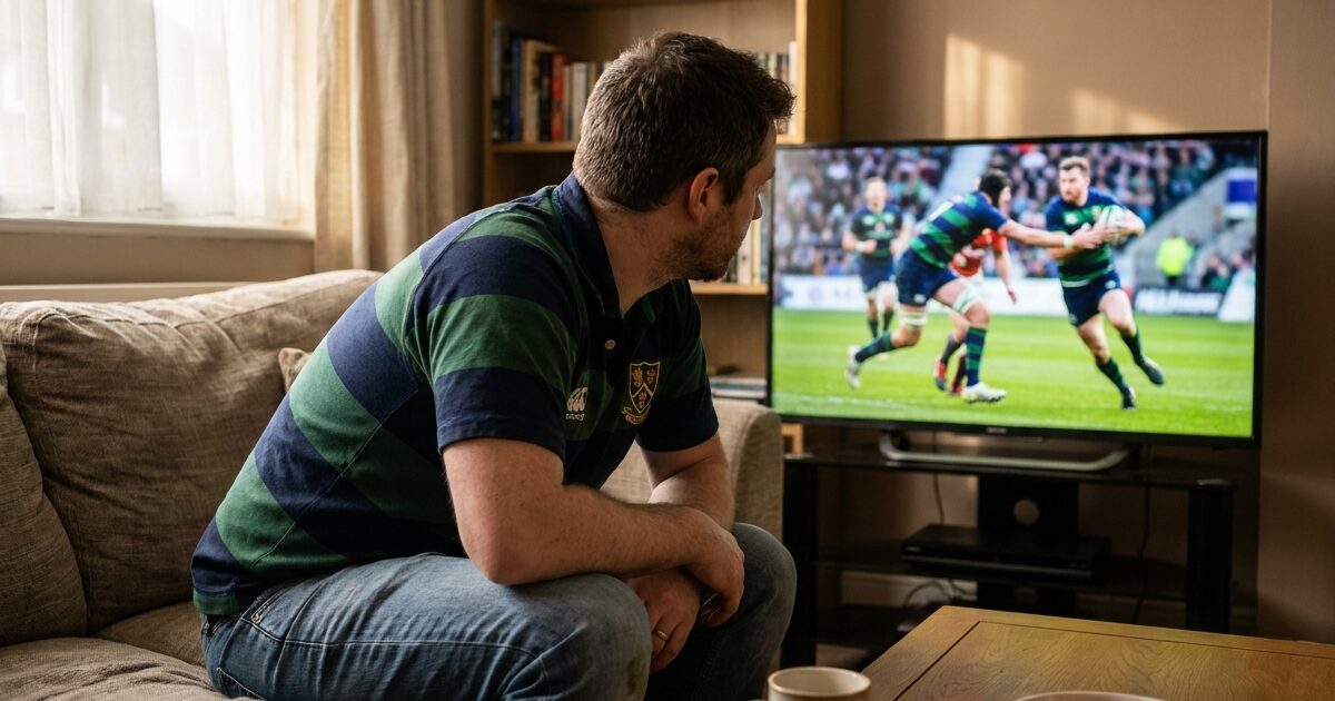 Homme regardant un match de rugby à la télévision le dimanche après-midi dans son salon
