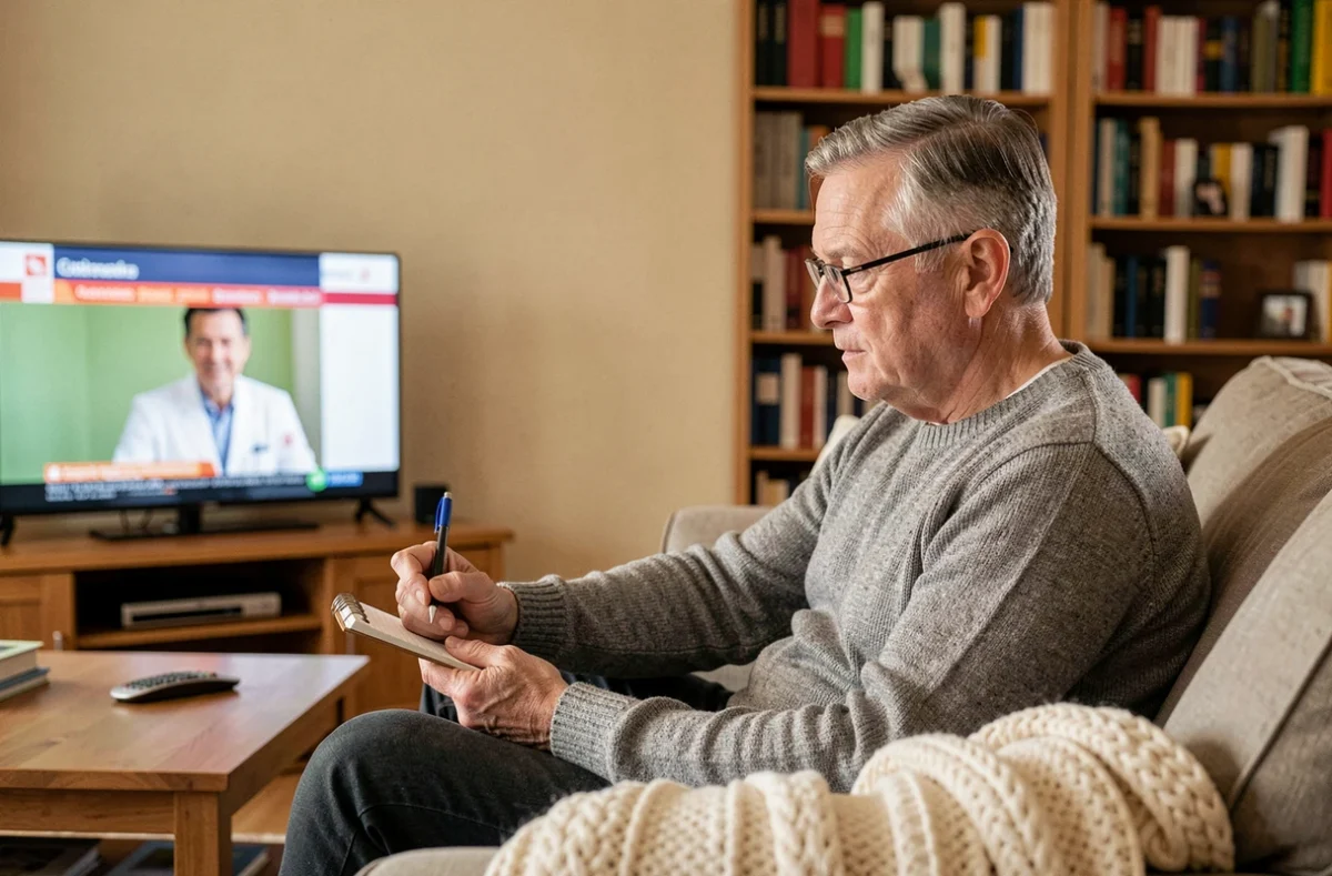 Homme senior regardant une émission de santé à la télévision depuis son salon confortable en prenant des notes