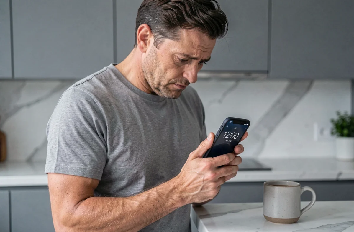 Homme tenant un smartphone affichant 12h00 PM dans une cuisine moderne, illustrant la confusion entre AM et PM dans la lecture de l'heure anglaise