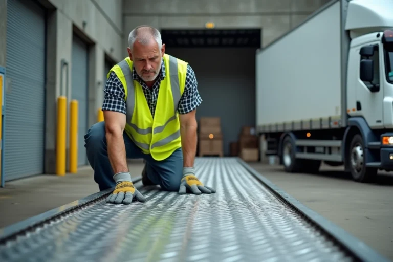 Technicien inspectant une rampe de chargement en aluminium entre un camion et un quai de chargement industriel