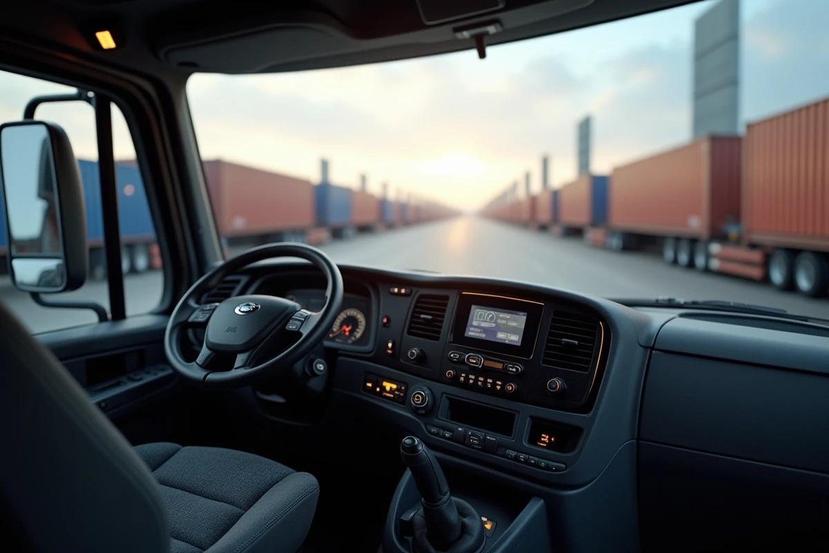 Intérieur de la cabine d'un camion 26 tonnes avec tableau de bord et siège conducteur ergonomique