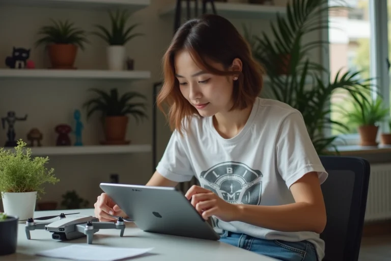 Jeune femme assemble un drone dans un appartement cosy