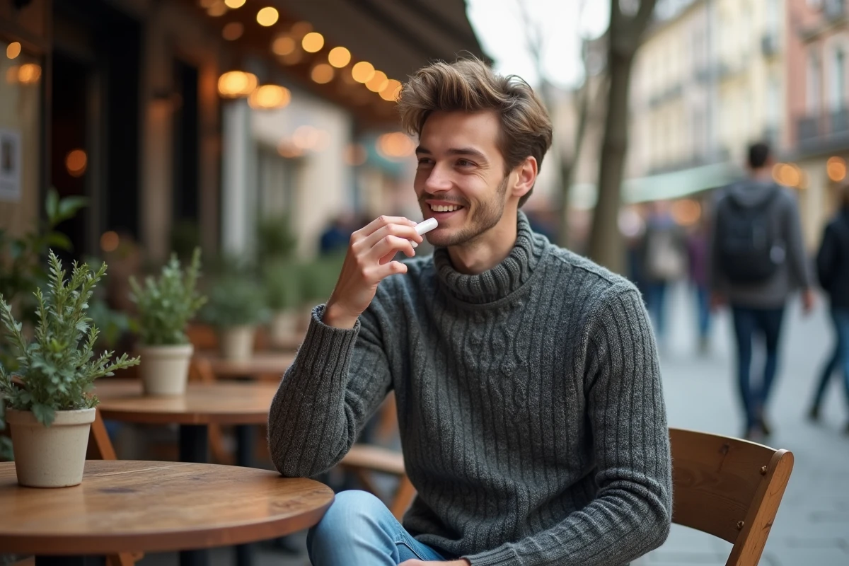 Jeune homme appliquant un baume à lèvres en terrasse de café