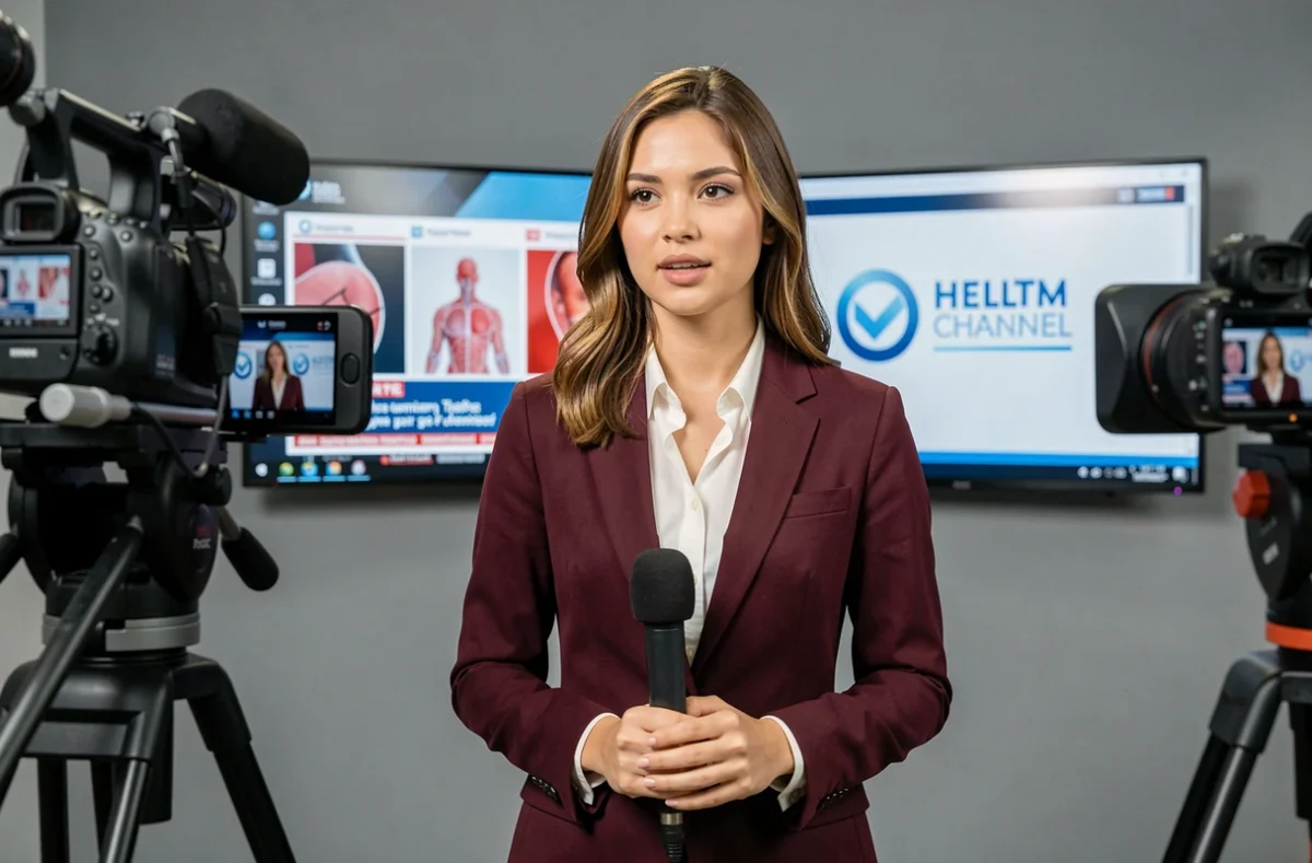 Journaliste femme présentant un bulletin d'actualités médicales en direct dans un studio de télévision santé