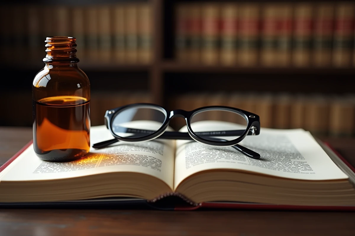 Livre de droit espagnol ouvert et flacon de poppers posés sur un bureau en bois sombre, symbolisant le cadre légal entourant les poppers en Espagne