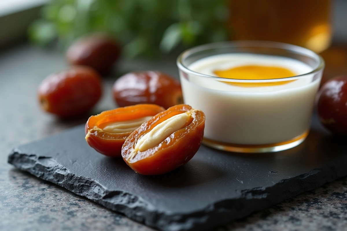 Gros plan d'une datte Medjool coupée en deux sur une ardoise avec du yaourt grec et du miel, recette santé simple et nutritive