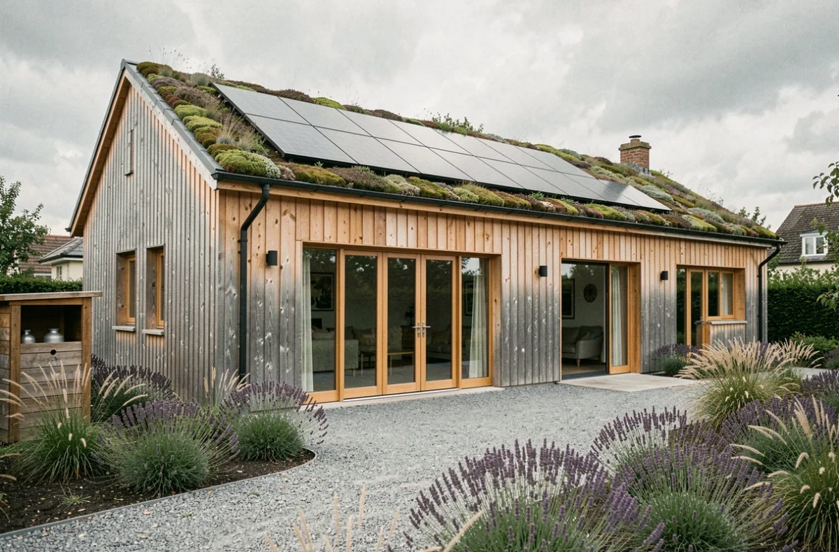 Maison familiale durable avec panneaux solaires intégrés, toit végétalisé et bardage en mélèze non traité