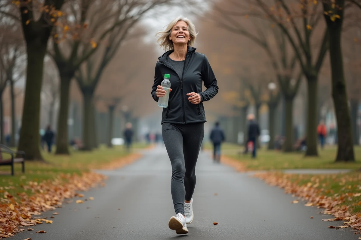 Femme marchant rapidement dans un parc urbain en automne pour entretenir sa santé physique au quotidien