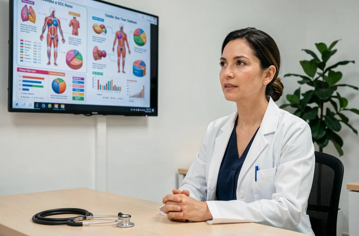Médecin femme devant un écran de télévision médicale affichant des informations santé dans une salle de consultation moderne