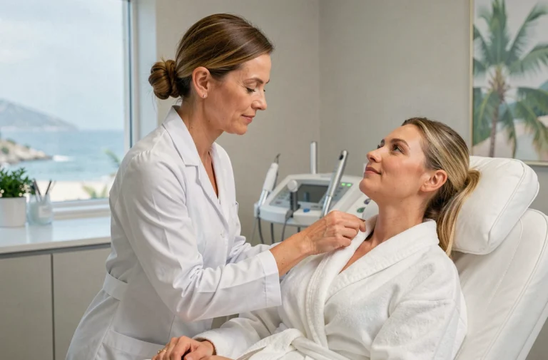 Médecin esthéticienne examinant la peau d'une patiente dans une clinique moderne à Cannes