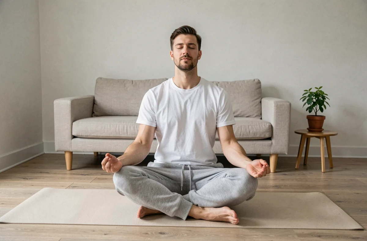 Homme en méditation sur un tapis de yoga dans un salon minimaliste et apaisant