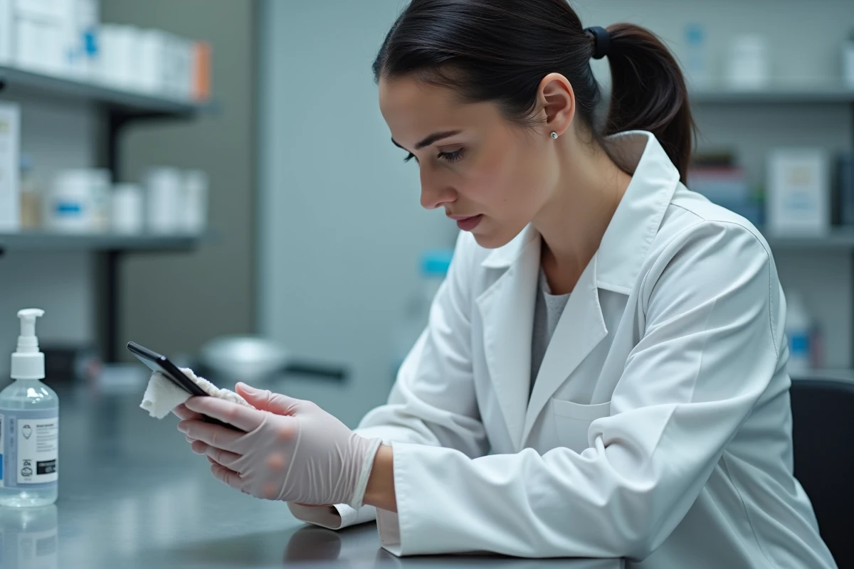 Une femme en blouse de laboratoire nettoie un écran de smartphone avec de l'alcool isopropylique et un chiffon non pelucheux