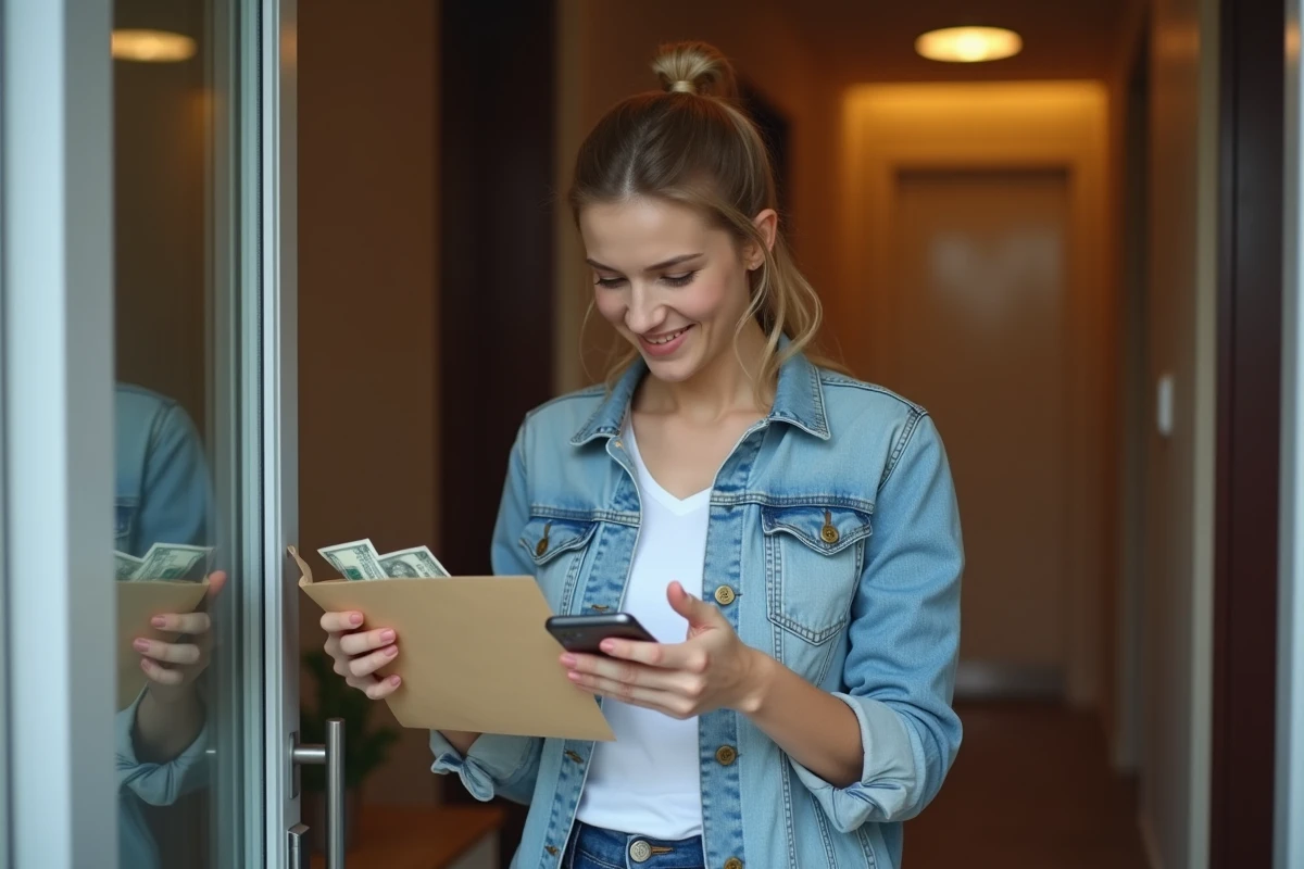 Femme à la porte de son appartement avec des espèces prête à payer une livraison de repas