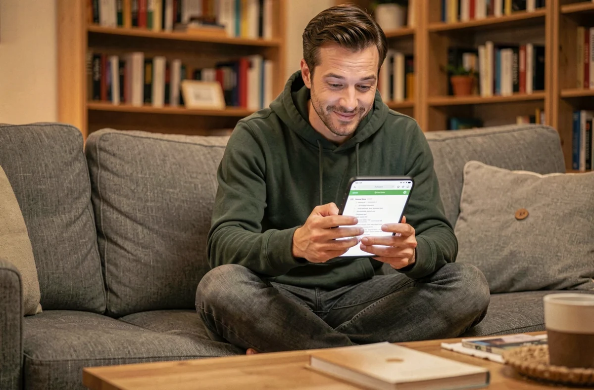 Papa naviguant sur le plan du site Mister Papa depuis son canapé avec son smartphone