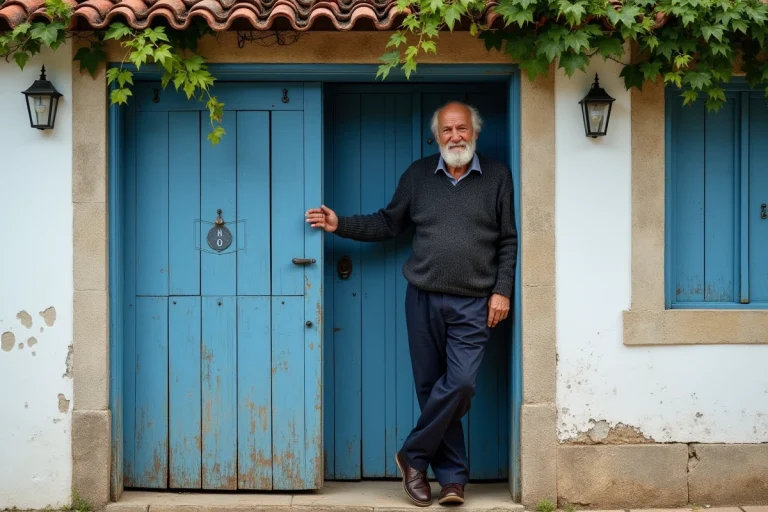Pêcheur portugais âgé devant une porte bleue traditionnelle