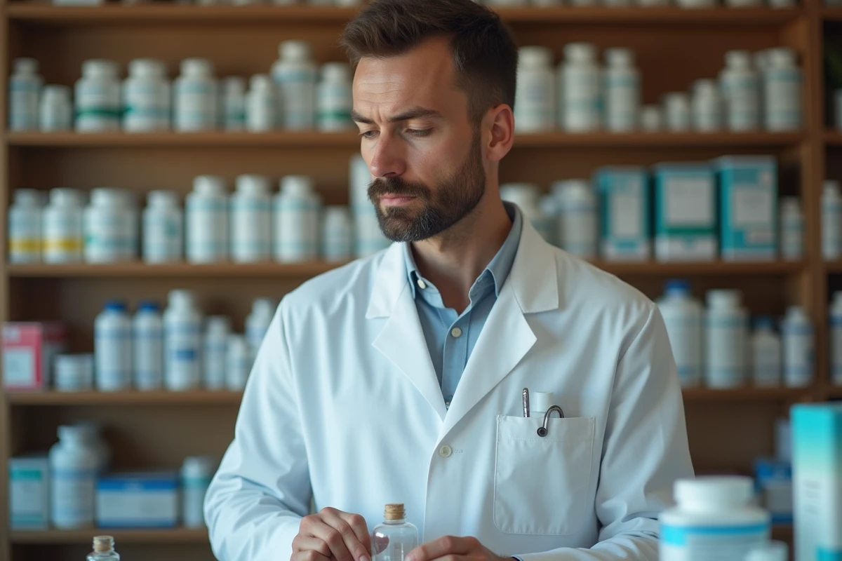 Pharmacien espagnol examinant un petit flacon dans une pharmacie, en lien avec la réglementation sur la vente de poppers en Espagne
