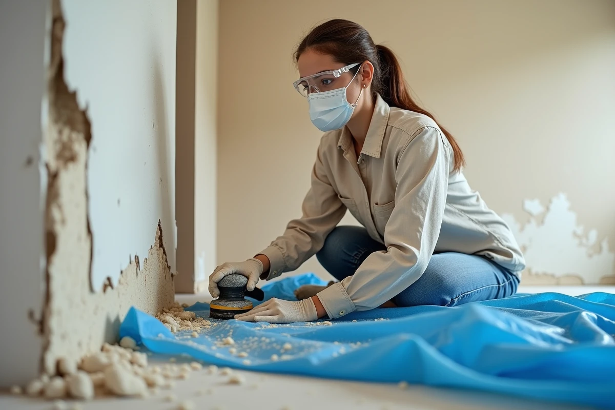 Femme utilisant une ponceuse électrique pour enlever de l'enduit sec sur un mur en cours de rénovation
