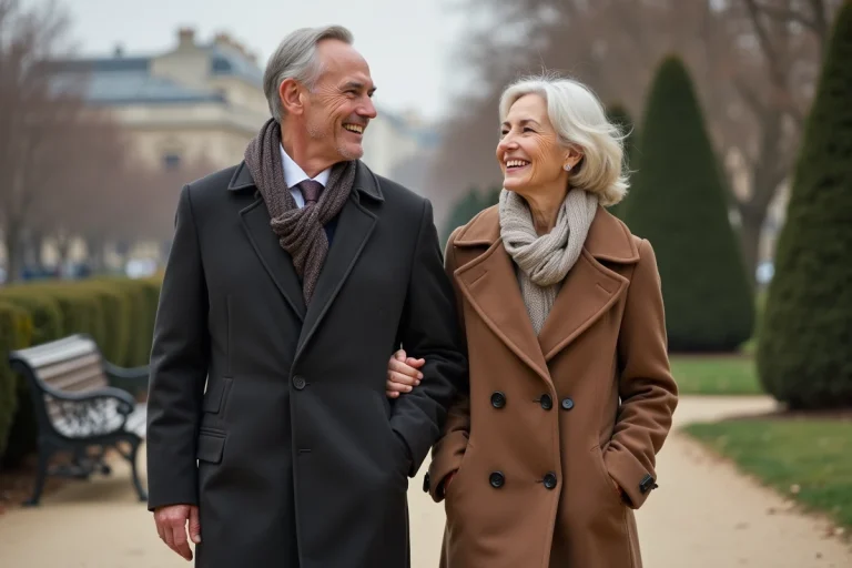 Homme et femme âgés se promenant dans un parc parisien élégant