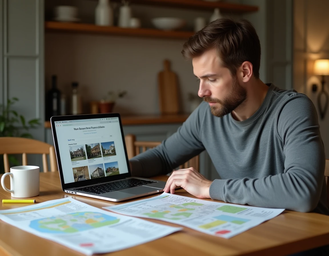 Homme comparant des offres immobilières en ligne sur un ordinateur portable à la maison