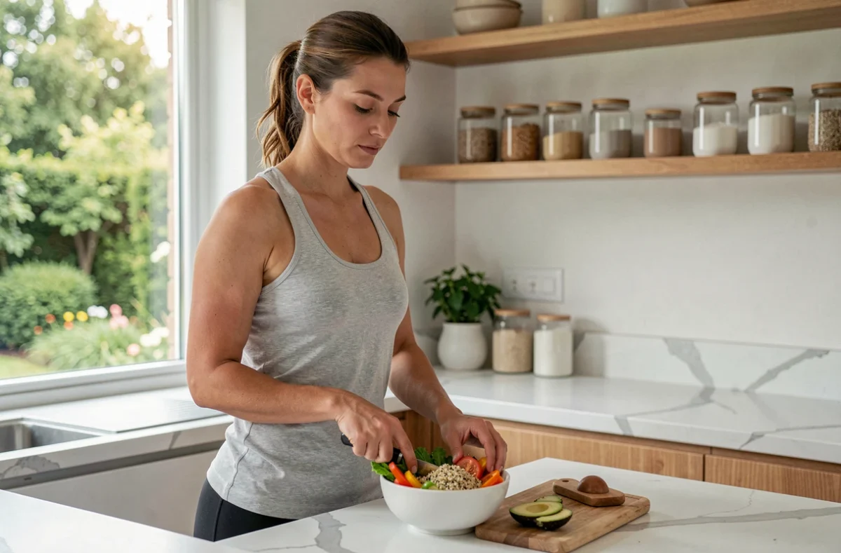 Femme préparant un repas équilibré avec des légumes frais et du quinoa dans une cuisine moderne