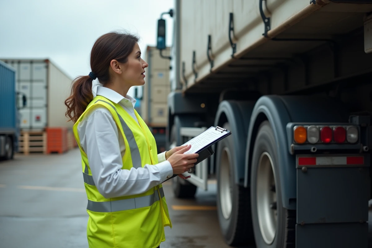 Responsable de flotte féminine évaluant les caractéristiques techniques d'un camion 26 tonnes à quai