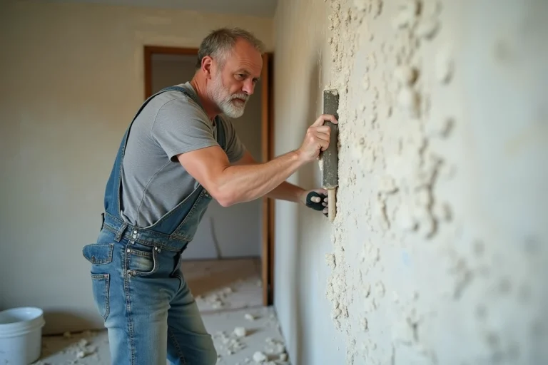 Homme retirant de l'enduit sec sur un mur intérieur avec une spatule métallique lors de travaux de rénovation
