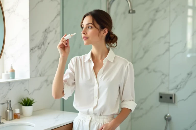 Femme appliquant un serum visage dans une salle lumineuse