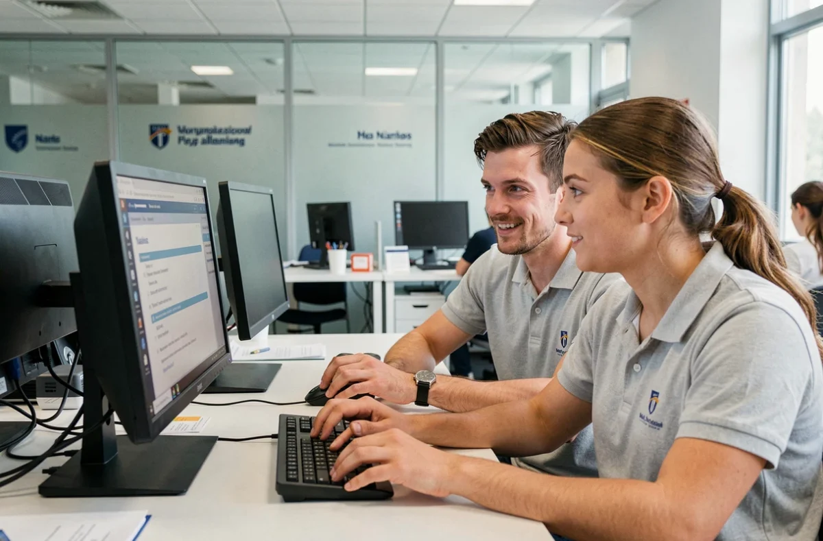 Technicien informatique aidant un étudiant à configurer sa messagerie académique dans un service d'assistance universitaire à Nantes