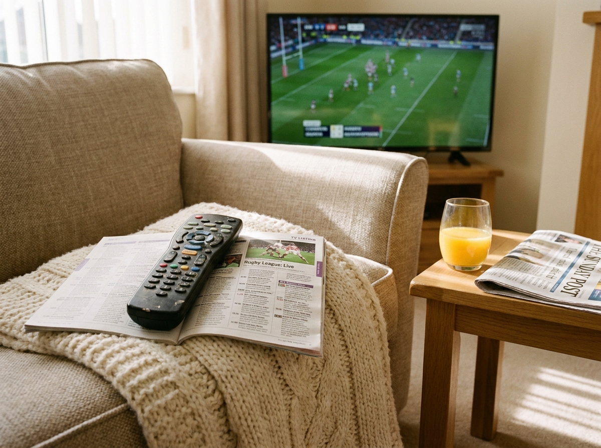 Télécommande et programme TV posés sur un canapé pendant la diffusion d'un match de rugby