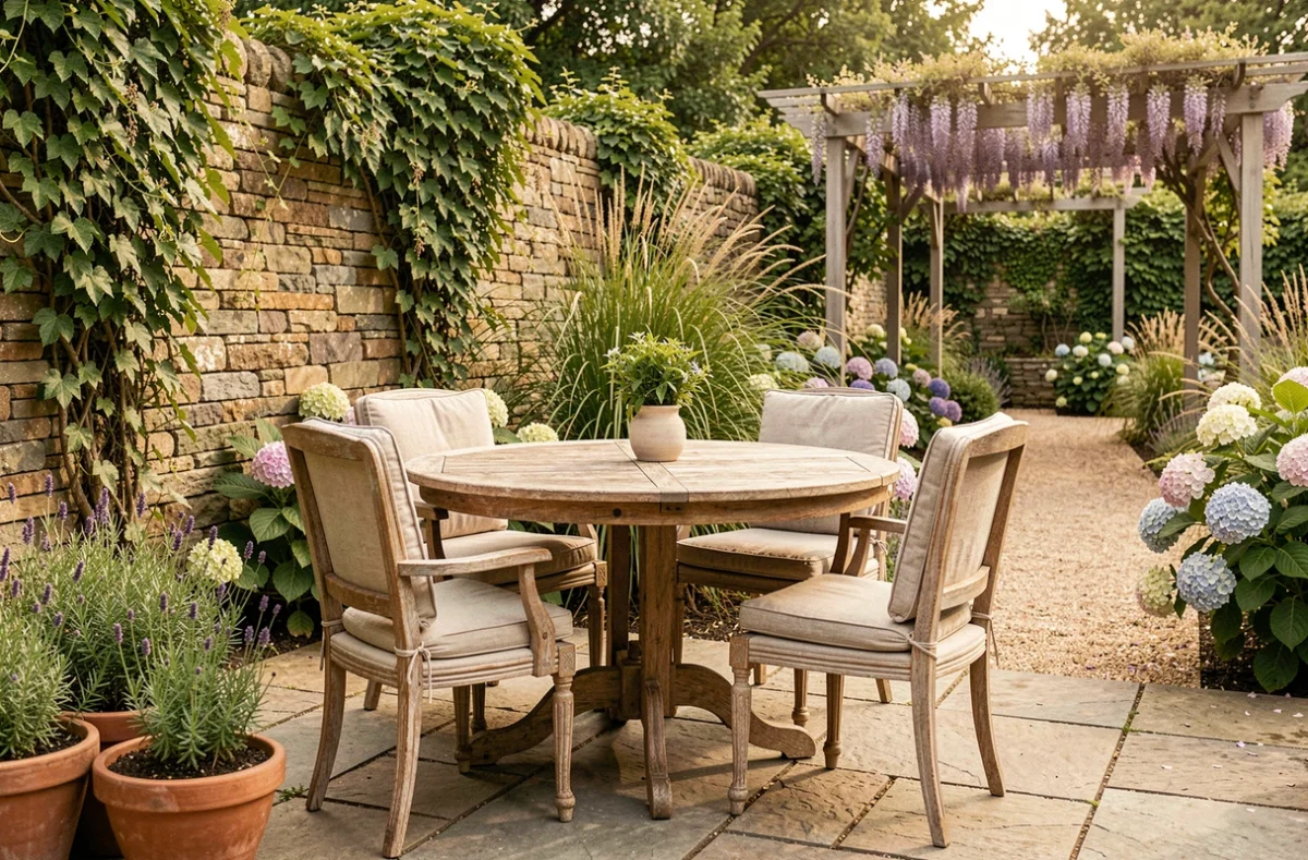 Terrasse de jardin conviviale avec table en teck, chaises vintage et plantes aromatiques en pot, idéale pour aménager un espace extérieur agréable toute l'année
