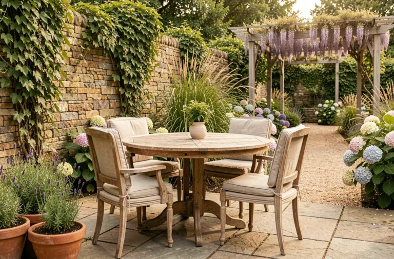 Terrasse de jardin conviviale avec table en teck, chaises vintage et plantes aromatiques en pot, idéale pour aménager un espace extérieur agréable toute l'année