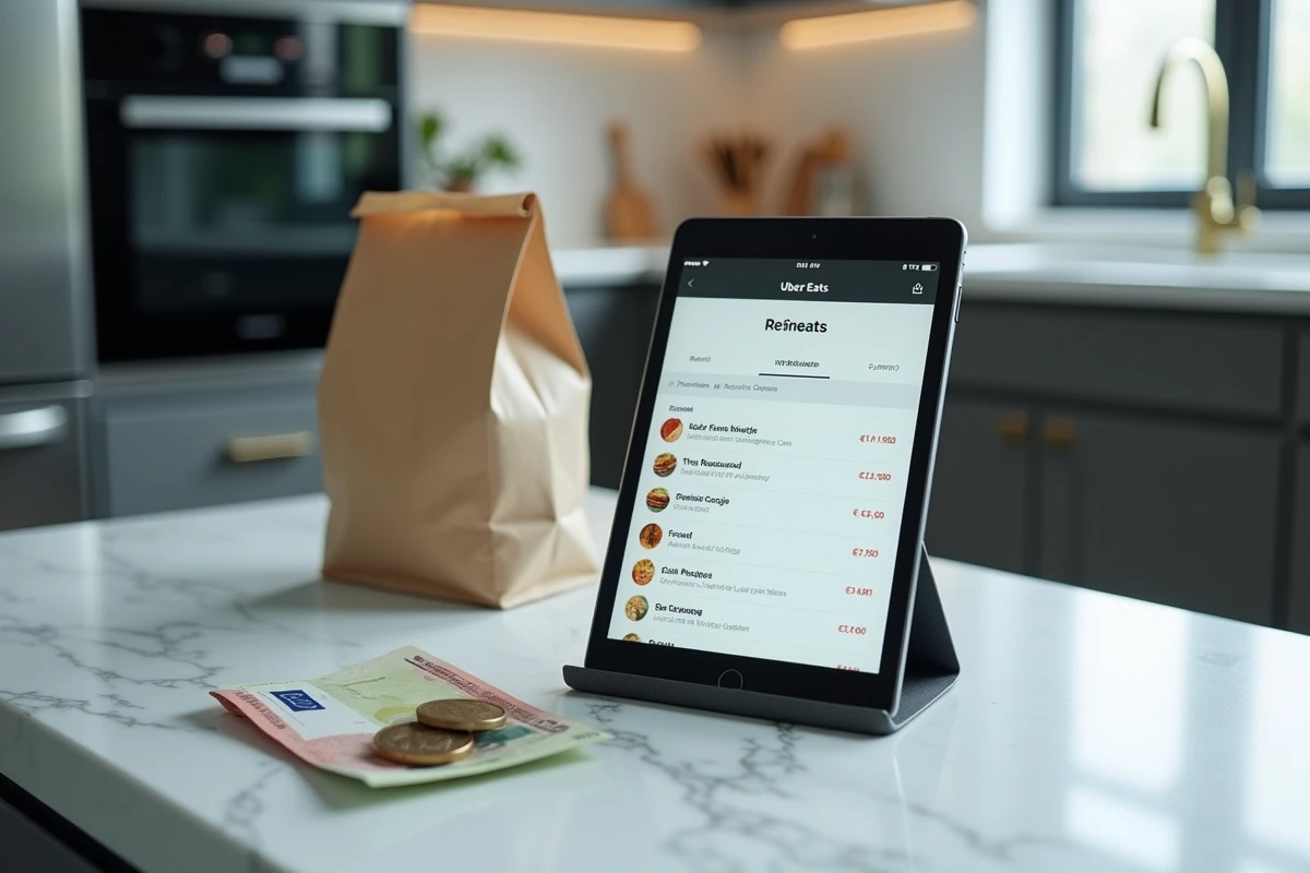 Tablette affichant Uber Eats avec des pièces et billets en euros posés sur un comptoir de cuisine