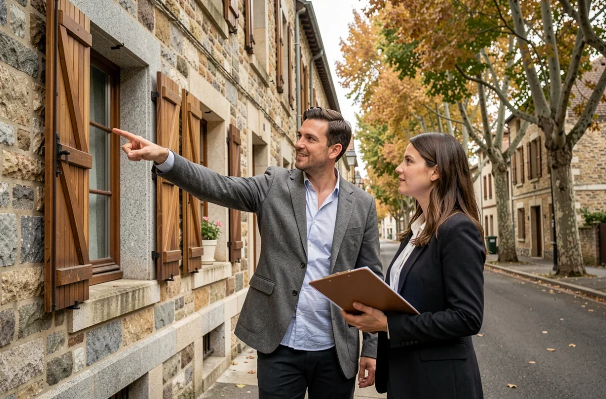 Agent immobilier présentant un bien immobilier en pierre à Limoges à une cliente dans une rue résidentielle