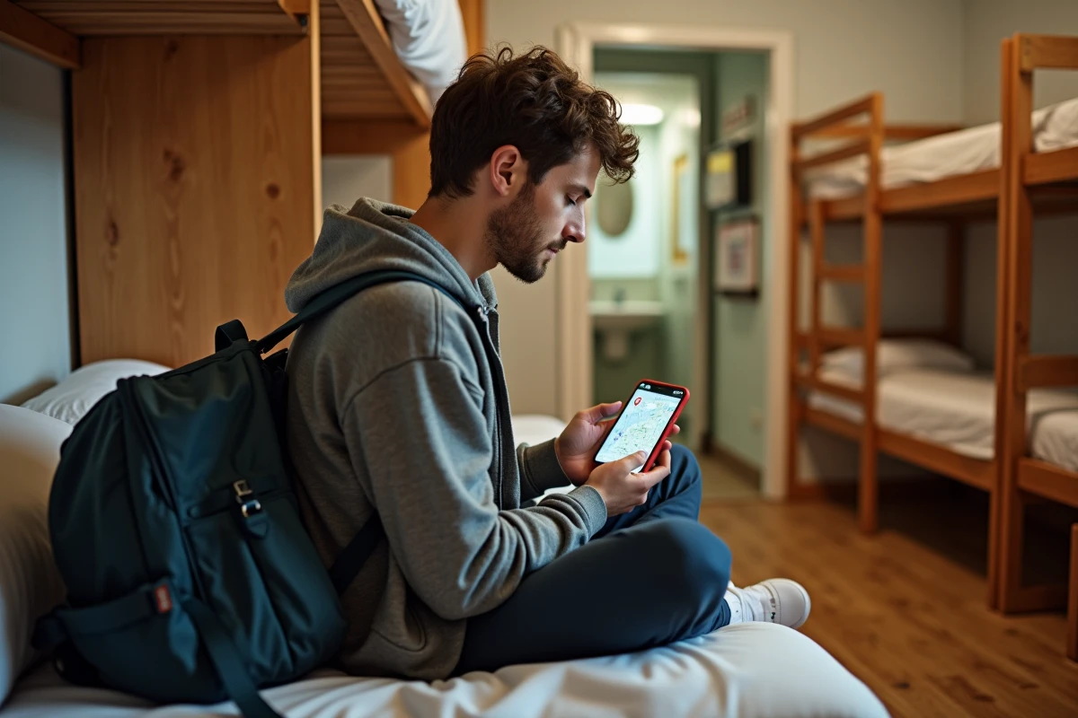 Voyageur cherchant une douche gratuite à proximité sur une application de carte depuis un dortoir d'auberge de jeunesse