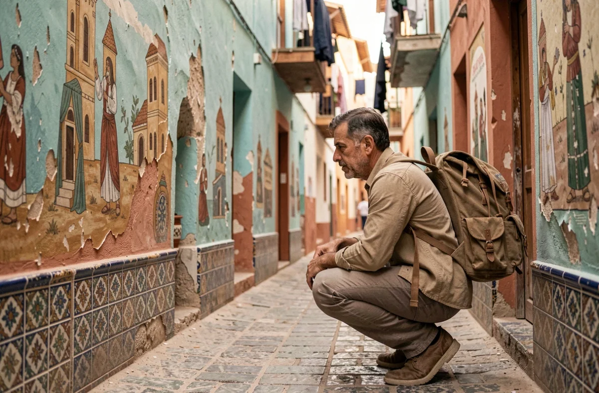 Voyageur explorant une ruelle de médina avec des fresques colorées et des détails architecturaux traditionnels d'Afrique du Nord