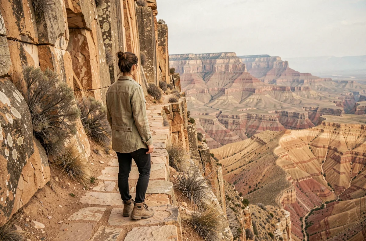 Voyageuse solitaire debout sur un sentier rocheux au bord d'un canyon insolite aux formations ocre et rouille, destination de voyage aventure
